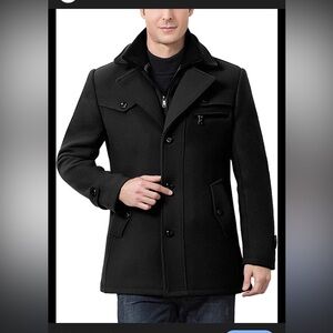 Chou Yatou black wool blend lined Pea Coat jacket size Large